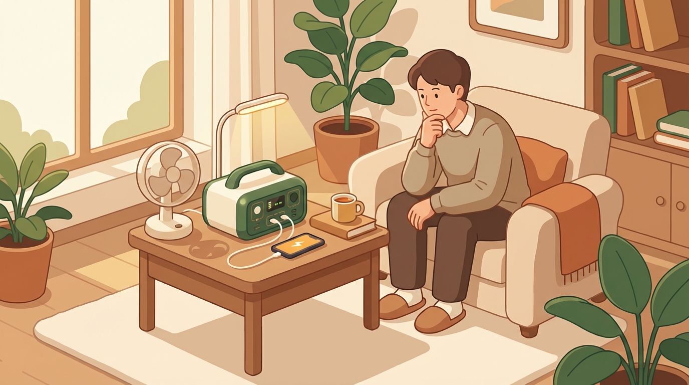 ポータブル電源と家電が並ぶリビングの風景