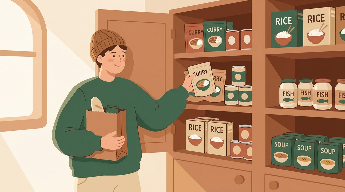 キッチンのパントリーに普段使いの食品を補充する様子