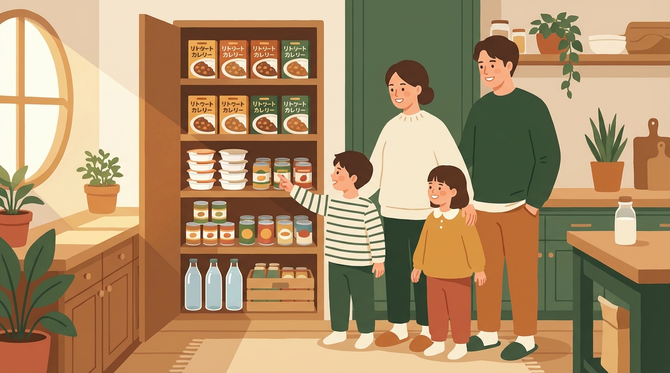 家族4人でキッチンのパントリーを確認している様子